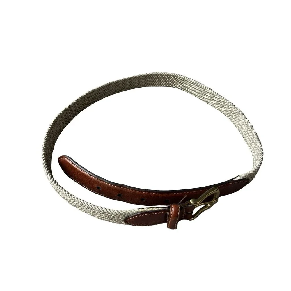 Lands’ End Woven Stretch Belt Size 38 Khaki Brown Leather Made in England